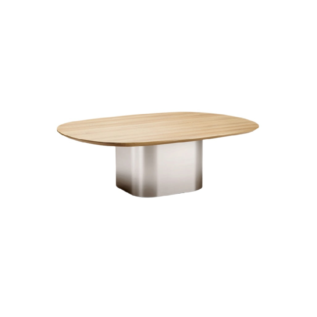 "Modern Oval Coffee Table with Wooden Top and Metal Base"