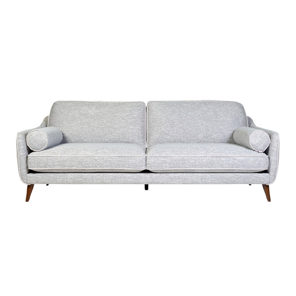 Modern Grey Fabric Sofa with Bolster Cushions and Wooden Legs