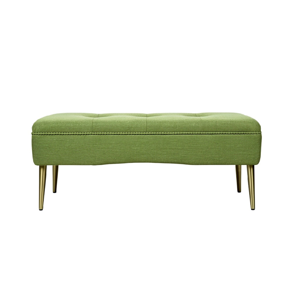 "Stylish Green Upholstered Bench with Gold Legs"