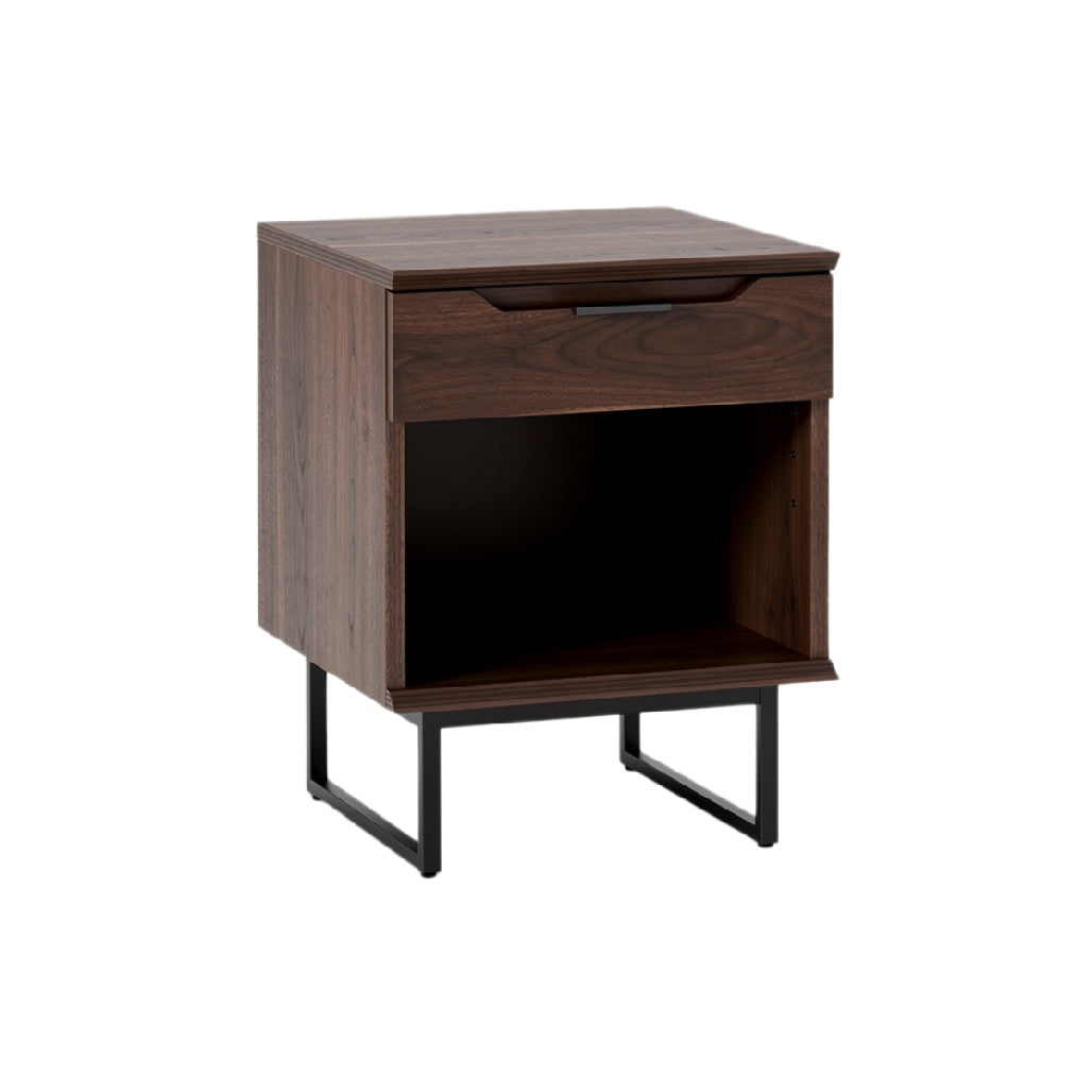 Modern Walnut Nightstand with Drawer and Open Shelf